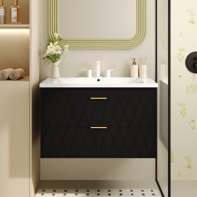30"W Floating Bathroom Vanity with Resin Sink, Wall Mounted Bathroom Cabinet with 2 Drawers, Black/Green-ModernLuxe