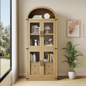 Coucheta 71.4" Farmhouse Arched Pantry Cabinet with Doors and Drawers, Kitchen Cupboard Storage Bookcase, Natural Wood - 1 of 4