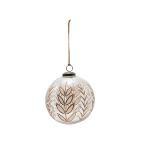 Storied Home Hand-Painted Etched Glass Ball Ornament with Botanicals Design, Cream Color and Gold Finish - 1 of 2
