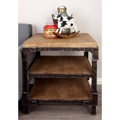 Industrial Brown Fir Wood and Metal 3-Tier Accent Table