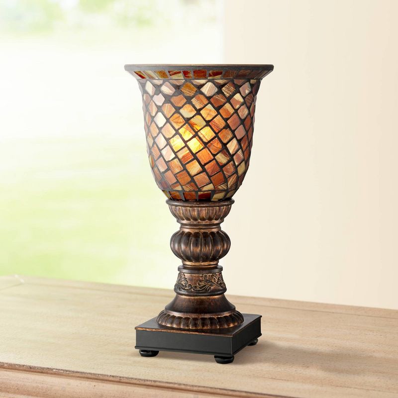 Regency Hill Traditional Uplight Accent Table Lamp 12" High Dark Bronze Amber Mosaic Glass Shade Bedroom House Bedside Nightstand, 2 of 10