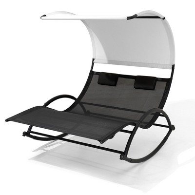 Pellebant Outdoor Double Sun Bed Chaise Lounge Chair Rocking Bed with Sun Shade & Wheels