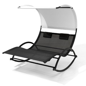 Pellebant Outdoor Double Sun Bed Chaise Lounge Chair Rocking Bed with Sun Shade & Wheels - 1 of 4
