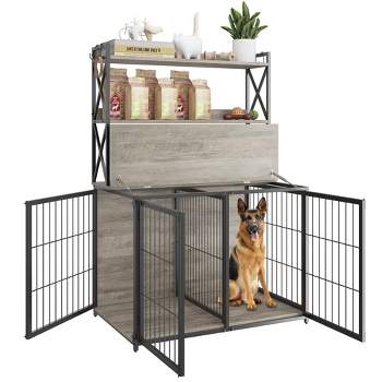Dog Crate Furniture And Kennel, Wooden Crate Table,  With 3 Storage Racks, Indoor Bundling, Suitable For Medium/Large Dog Indoor Kennel, Rustic Gray