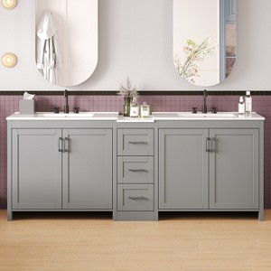 Christopher Knight Home Lucian Modern 84" Double-Sink Bathroom Vanity with Ceramic Sinks, 3 Drawers and Adjustable Shelves - 1 of 4