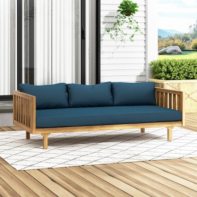 Outdoor Patio 3 Seater Daybed,Waterproof Fabric Upholstered Sofa Bed With Acacia Wood Frame,Indoor Wooden Armrests Sofa Bed-Coolbibila