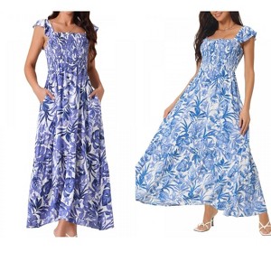 INSPIRE CHIC Women's Summer Boho Smocked Square Neck Cap Sleeve Ruffle Floral Flowy Tiered Maxi Sundress 2 Packs - 1 of 4
