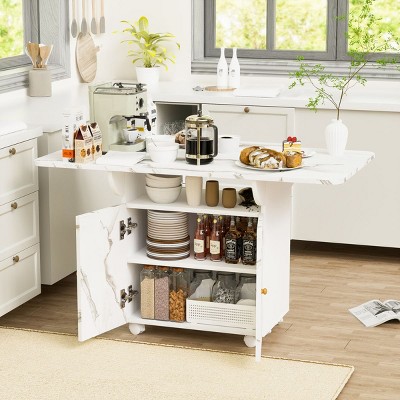 47" Folding Dining Table with Storage and Wheels,Marble Top Space-Saving Kitchen Island or Entryway Side Table–The Pop Home
