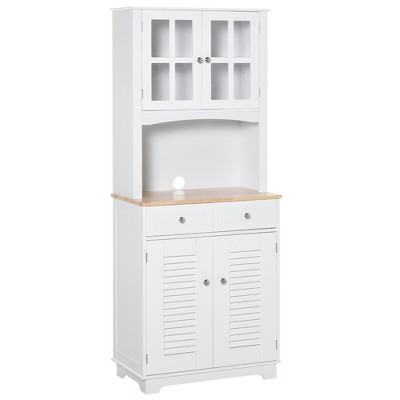 HOMCOM 67" Kitchen Buffet with Hutch Pantry with Framed Doors Louvered Cabinets 2 Drawers and Open Microwave Countertop White
