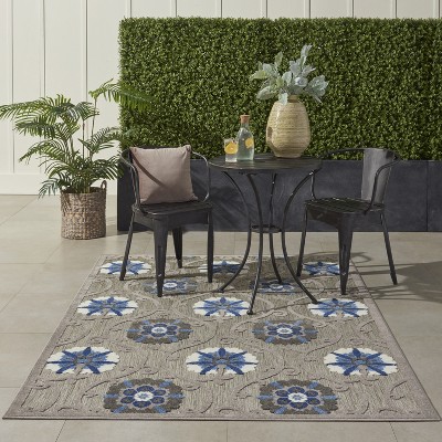 Blue/Grey Floral Flat Woven Synthetic Outdoor Rug, 2'3" x 8'