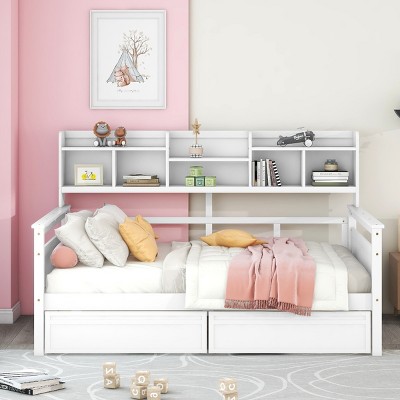 Daybed with Storage Drawers and Bedside Shelves, Solid Wood Sofa Bed for Bedroom or Living Room-Baofuwish