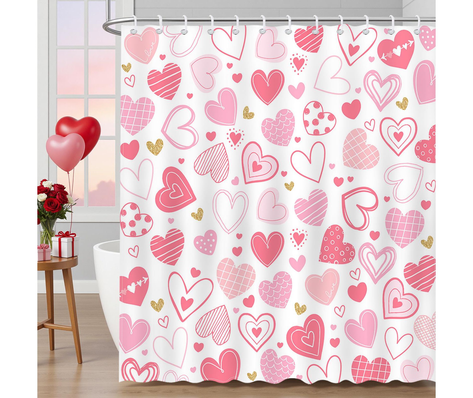 Pink Heart Valentine's Day Shower Curtains for Bathroom Waterproof Bath Curtain Durable Soft Stylish Bathroom Decor 72x72 Inch