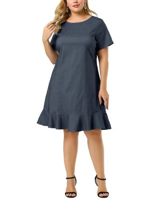 Agnes Orinda Women's Plus Size Cross Back Ruffle Hem Formal Chambray T-Shirt Dresses