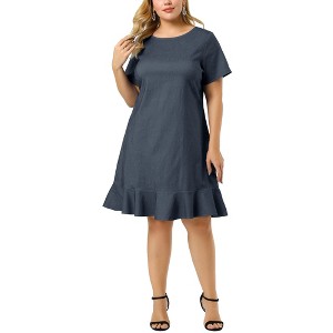 Agnes Orinda Women's Plus Size Cross Back Ruffle Hem Formal Chambray T-Shirt Dresses - 1 of 4