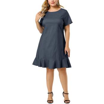 Agnes Orinda Women's Plus Size Belt Waist Ruffle Hem Chambray Shirt Dress  Light Blue 4x : Target