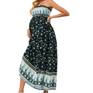 Women's Maternity Summer Sleeveless Maxi Dress Casual Smocked Strapless Floral Flowy Tube Top Dress Photoshoot Baby Shower - 1 of 4