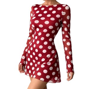 Women's Polka Dot Chiffon Mini Dress with Bell Sleeves & Backless Design - Flowy A-Line Party Dress - 1 of 4