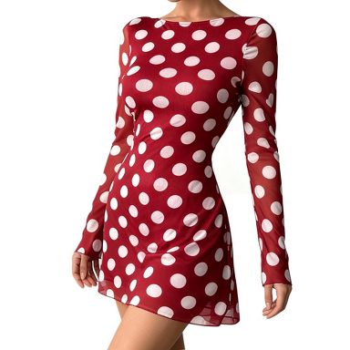 Women's Polka Dot Chiffon Mini Dress with Bell Sleeves & Backless Design