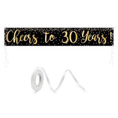 Sparkle and Bash "Cheers to 30 Years" Banner, 30th Birthday Party Decorations (Black, Gold, 9.8 x 1.6 Ft)