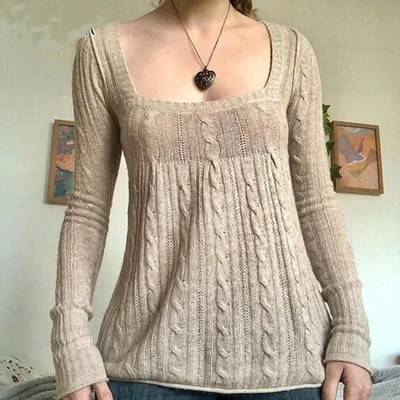 Clotth Women Y2K Fairy Aesthetic  Long Sleeve Square Neck Pullover Knitted Top Tshirt Slim Fit Harajuku Vintage Streetwear Blouse Tops