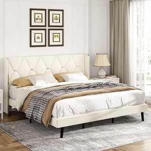 Whizmax Full Size Bed Frame, Wood Slat Support Bed Frame with Wingback Velvet Upholstered Platform Bed Frame No Box Spring, Cream - 1 of 4