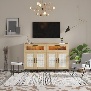 Sideboard Buffet Cabinet With LED Light & Power Outlet, Kitchen Storage Cabinet With 2 Acrylic-Board Drawers & 4 Rattan Doors - 1 of 4