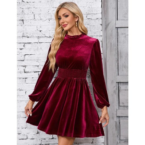 Whizmax Women s Velvet Dress Elastic Waistline Fall Long Sleeve Wedding Guest Short Wrap Tunic Formal Dress Red Wine Small Target