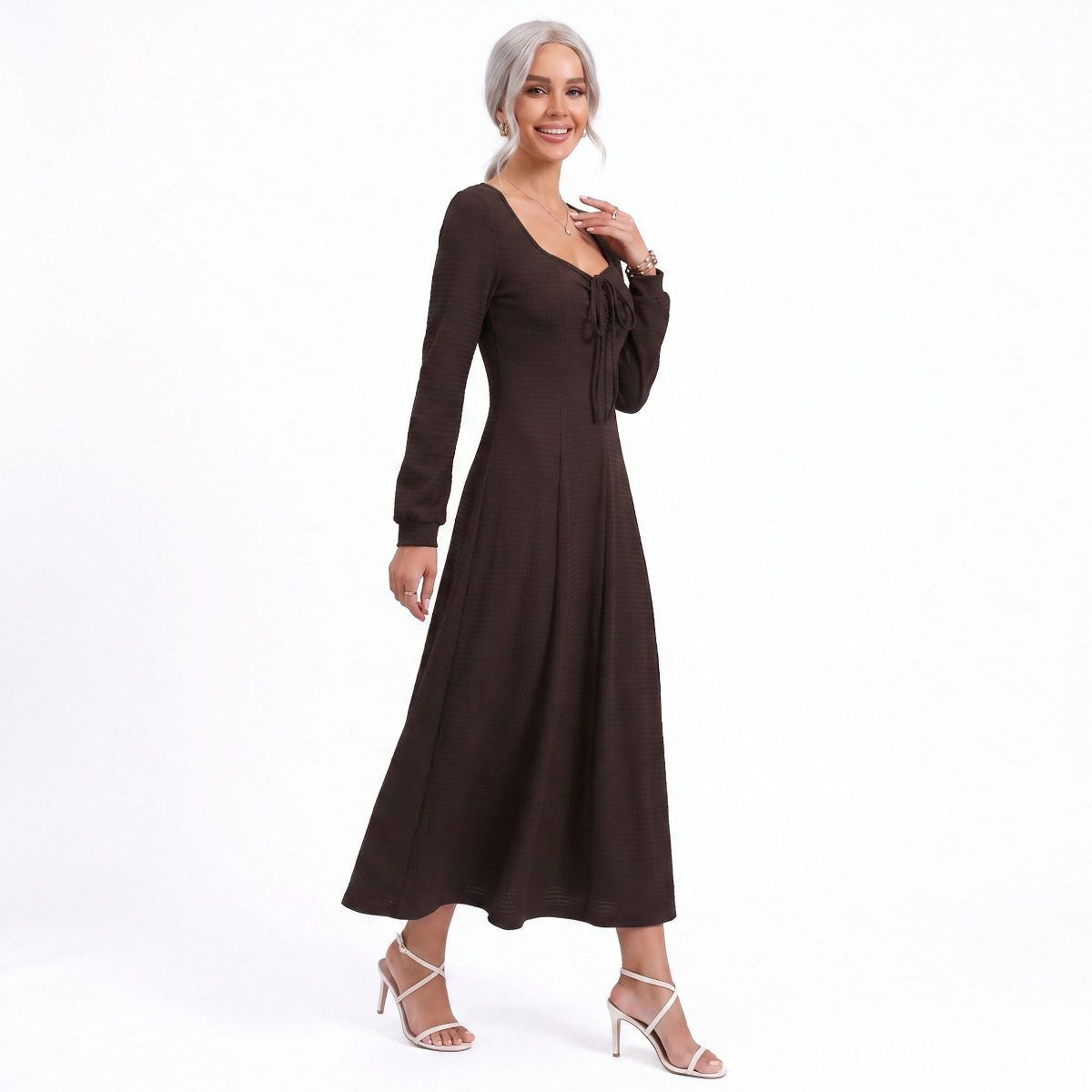 Anna-Kaci Women's Tie Front Maxi Dress Square Neck Long Sleeve Fit and Flare Textured Dress - thumbnail 3