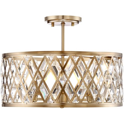 Satin Brass and Crystal Drum Semi-Flush Mount Ceiling Light