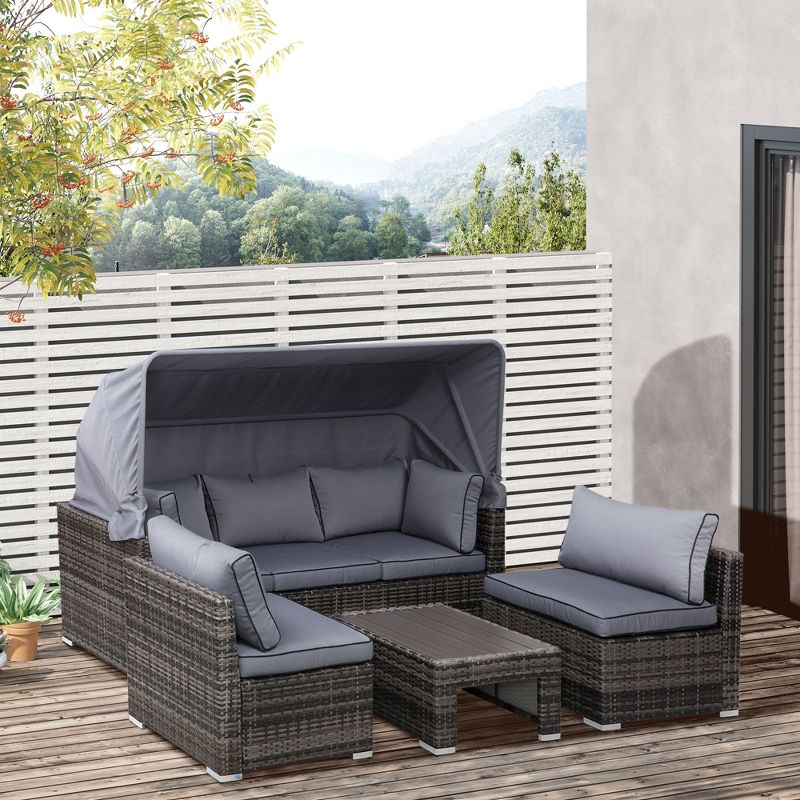 Outsunny Outdoor Daybed with Canopy, 4 Piece Sectional Patio Furniture Set, Cushions, Table Ottoman, PE Wicker Sofa Set & Convertible Sunbed, Gray, 3 of 10