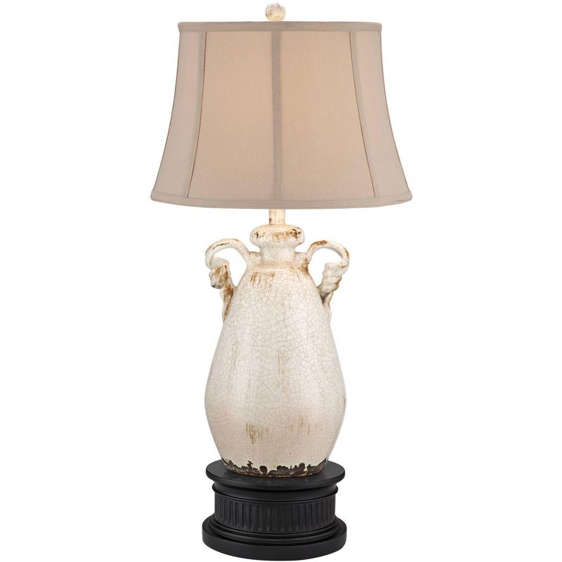 Regency Hill Isabella Country Cottage Table Lamp with Black Riser 31 1/4" Tall Crackled Ivory Ceramic Beige Bell Shade for Bedroom Living Room Bedside, 1 of 6