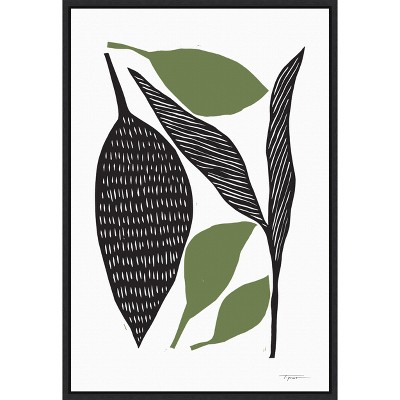Modern Black and Green Leaf Canvas Print with Black Frame 16 x 23 Inches