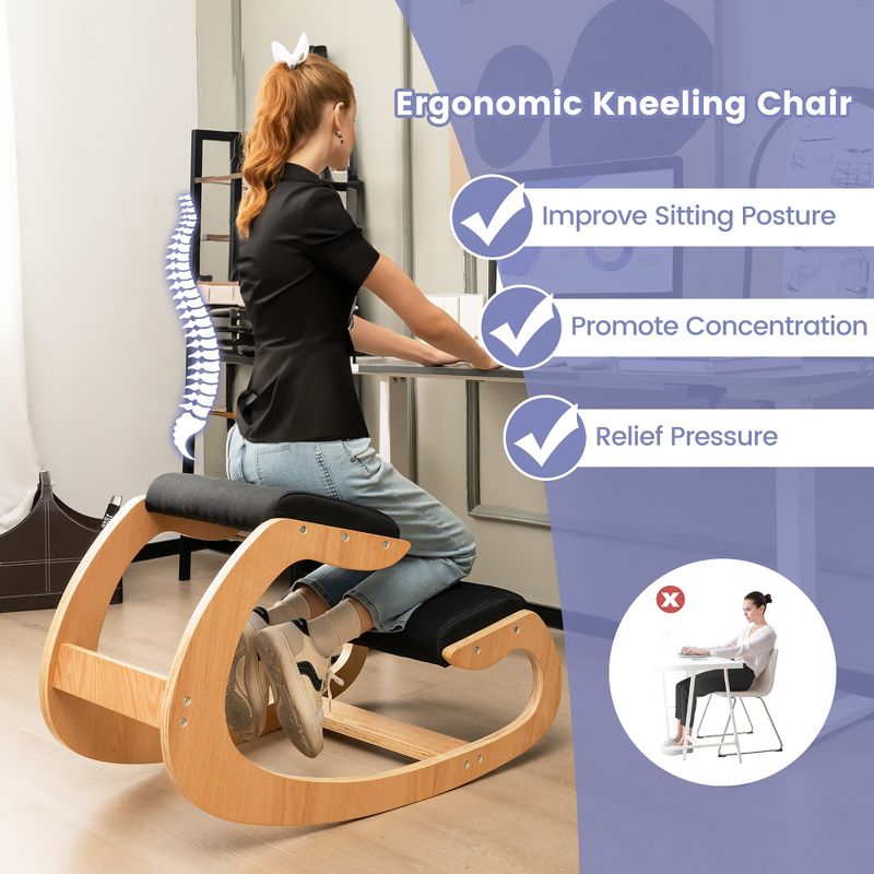 Costway Ergonomic Kneeling Chair Wooden Rocking Chair with Comfortable Padded Seat Cushion & Knee Support Upright Posture Support Chair for Back Pain Relief Beige/Black/Gray, 4 of 10