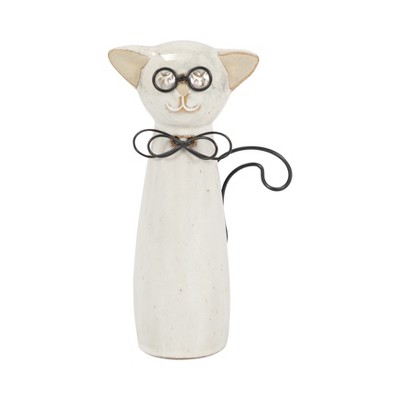 Sagebrook Home Cat with Glasses Sculpture - Contemporary Ceramic White Cat Statue with Black and Beige Accents for Home