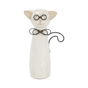 Sagebrook Home Cat with Glasses Sculpture - Contemporary Ceramic White Cat Statue with Black and Beige Accents for Home - 1 of 4