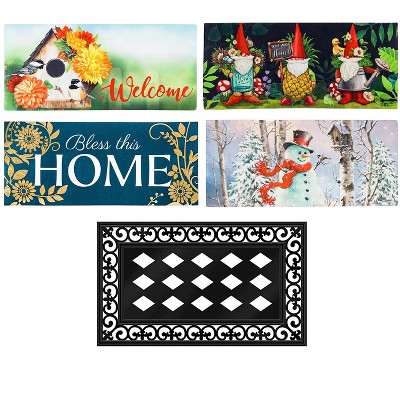 Evergreen Indoor Outdoor Doormat Bundle Set of 5 - Frame and 4 Welcome Seasonal Inserts Garden Gnomes Birdhouse Snowman Bless this Home