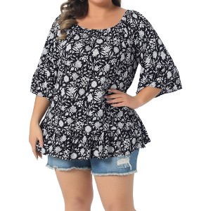 Women's Plus Size Floral Off Shoulder Half Sleeve Crew Neck Ruffle Tiered Vacation Summer Blouse - Agnes Orinda - 1 of 4