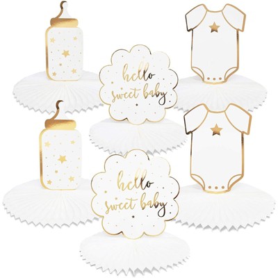 Sparkle and Bash 6-Pack Hello Sweet Baby Honeycomb Centerpiece for Baby Shower Boy or Girl, 1st Birthday Party Supplies, White & Gold Foil, 10"