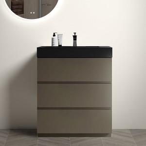 FAMYYT 30 in. Single Sink Freestanding Gray Bath Vanity with Black Engineered Stone Top (Assembled), Handle-free Design - 1 of 4