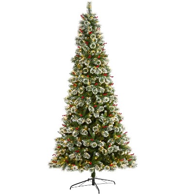 Nearly Natural 9-ft Frosted Swiss Pine Artificial Christmas Tree with 700 Clear LED Lights and Berries