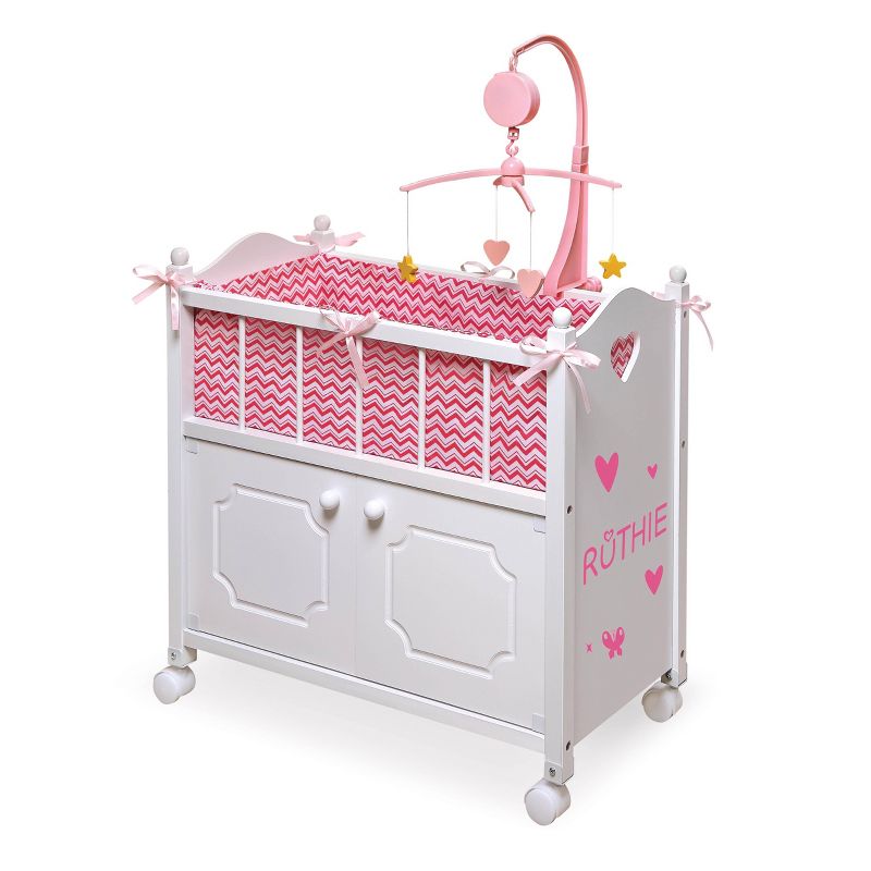 Badger Basket Cabinet Doll Crib with Chevron Bedding and Free Personalization Kit - White/Pink, 2 of 7