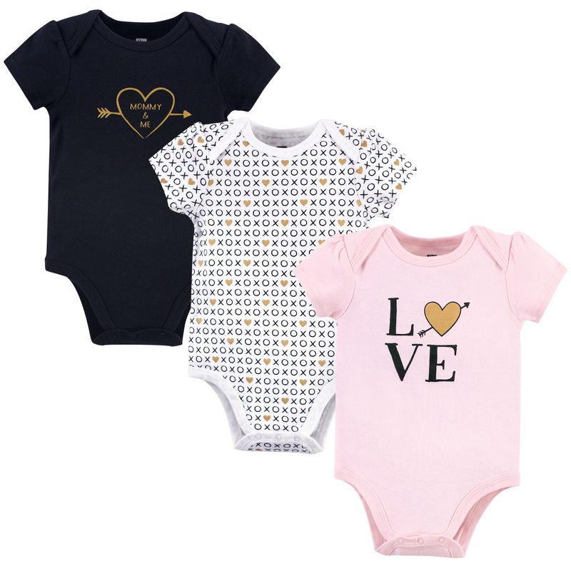 Hudson Baby Infant Girl Cotton Bodysuits 3pk, Love Xoxo, 1 of 6
