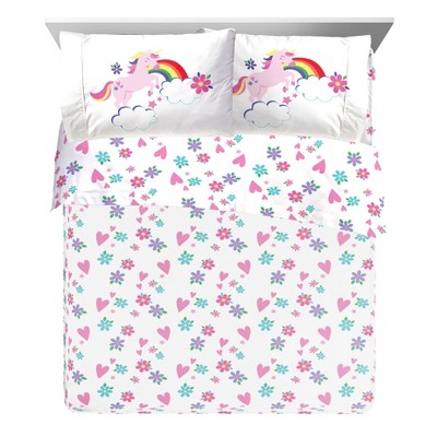 White Microfiber Toddler Sheet Set with Floral and Hearts Design