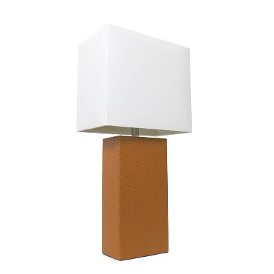 Tan Leather Wrapped Table Lamp with White Shade and LED Bulb
