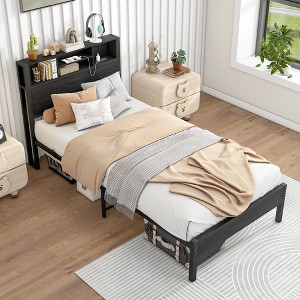 Bed Frame with Storage Headboard, Metal Platform Bed with Charging Station, Bookcase Storage, No Box Spring Needed - 1 of 4