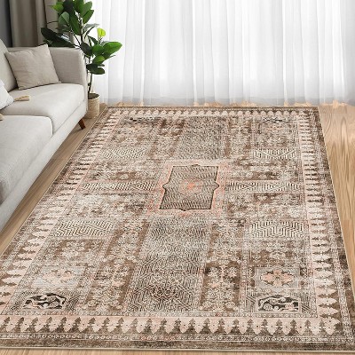 Vintage Washable Distressed Rug - Low Pile, Non-Slip & Stain-Resistant Floral Throw Carpet for Living Room, Bedroom or Dining Room