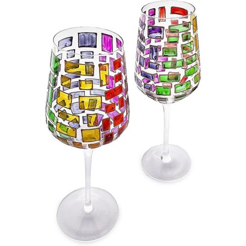 The Wine Savant Renaissance Stained Wine Glasses Set of 2 Festive Colo
