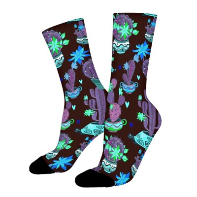 Purple Cactus Women Printed Crew Socks Funny Funky Socks Soft Polyester Novelty Gifts for Artists Men