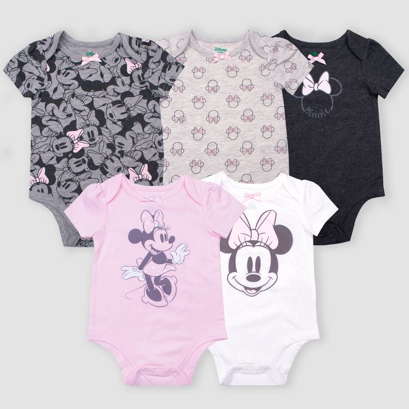 Baby Girls' 5pk Disney Minnie Mouse Short Sleeve Bodysuits - Gray/Pink/White, 1 of 2