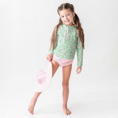 RuffleButts Girls Long Sleeve Zipper Rash Guard 2-Piece - Tea Roses, Size : 4T — фото 2